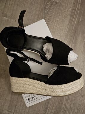 Black Espadrille Wedge Sandals with Ankle Strap